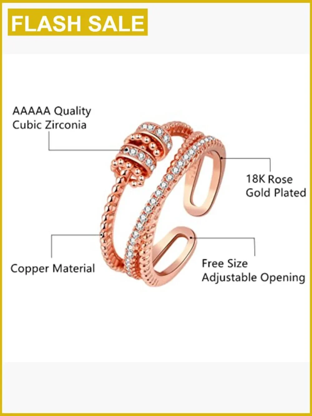 18K Gold Plated Adjustable Spinner Fidget Ring for Anxiety Relief Women Girls